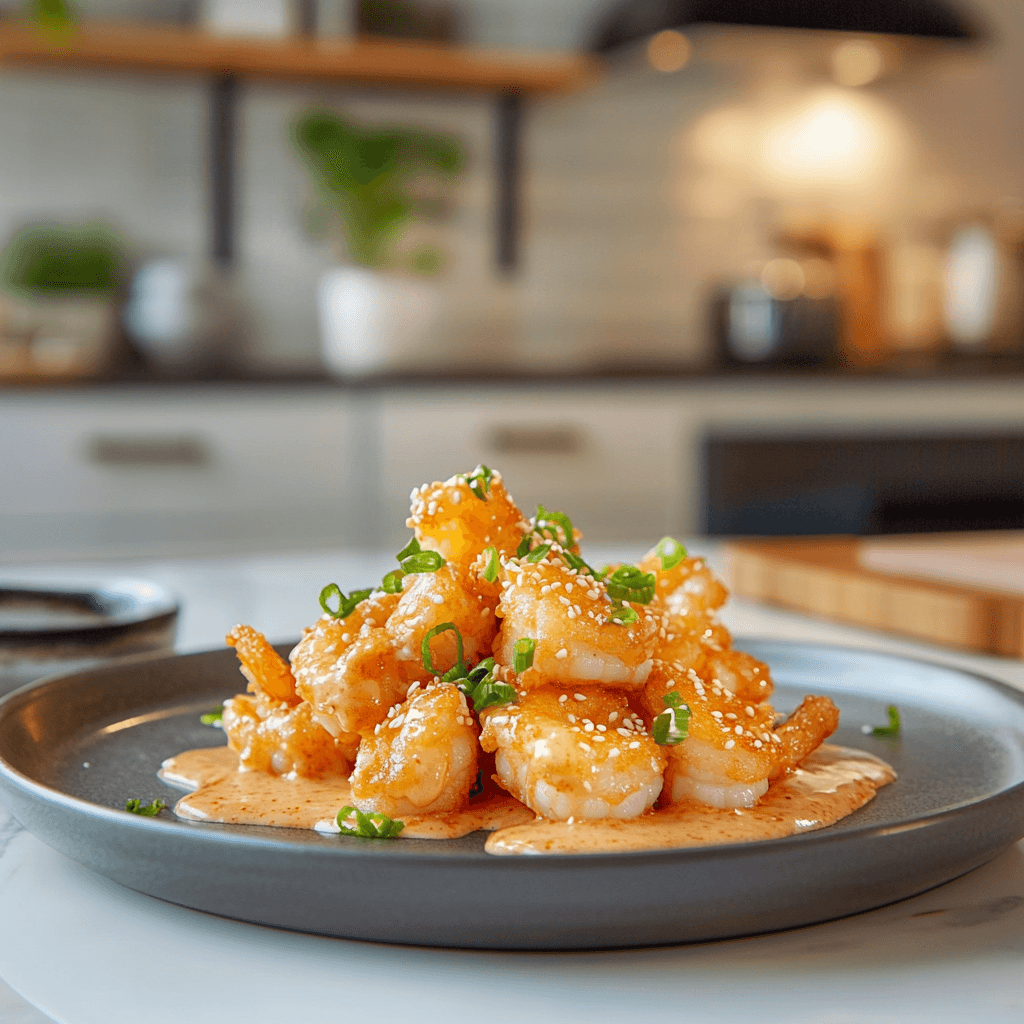 Ultimate Bang Bang Sauce Recipe 4 Bang Bang shrimp served with sauce, garnished in a modern kitchen setting.