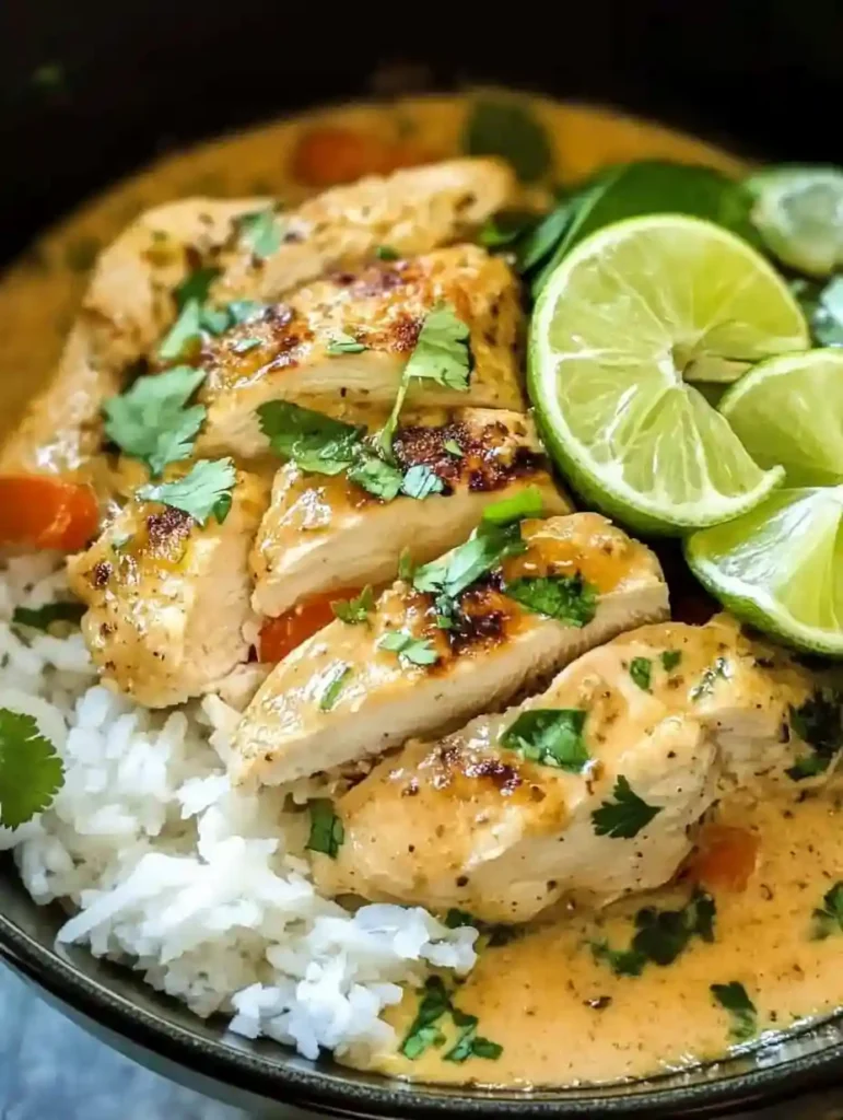 Irresistible Coconut Lime Chicken Recipe A Tropical Delight 4 Plated Coconut Lime Chicken garnished with cilantro and lime wedges, served in a modern kitchen.