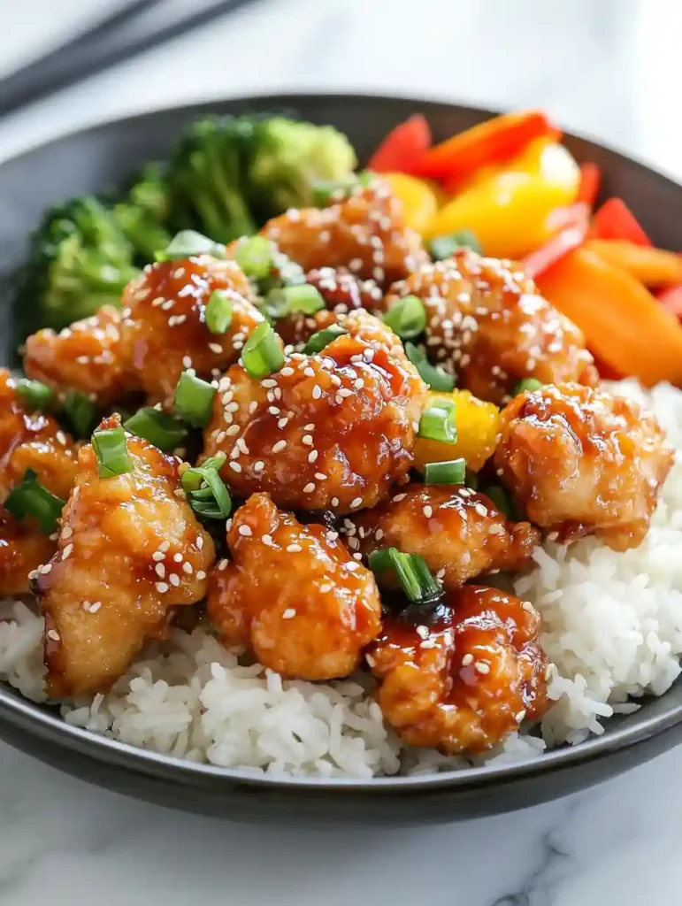 Irresistible Crispy Baked Orange Chicken – Healthy & Delicious 5 Crispy baked orange chicken garnished with sesame seeds and green onions, served with rice and vegetables in a modern kitchen.