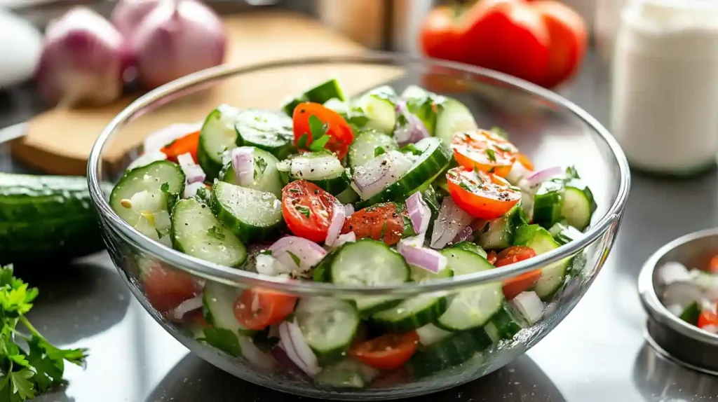 Fresh & Healthy Marinated Cucumbers, Onions and Tomatoes 1 A fresh bowl of Marinated Cucumbers Onions and Tomatoes in a modern kitchen with clean design and natural light.