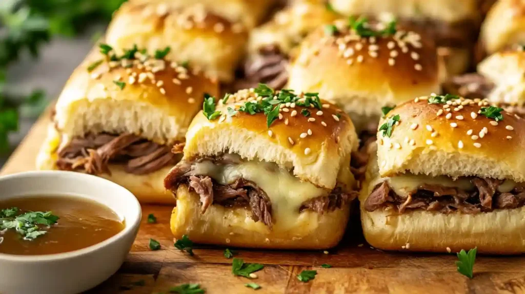 Close-up of freshly made French Dip sliders with roast beef, provolone cheese, and a dipping sauce in a cozy kitchen setting.