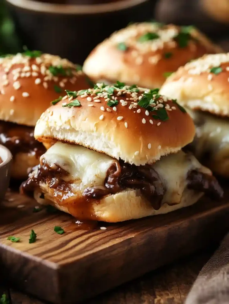 Irresistible French Dip Sliders: The Perfect Party Snack! 4 French Dip Sliders served with a small bowl of au jus for dipping on a wooden cutting board.