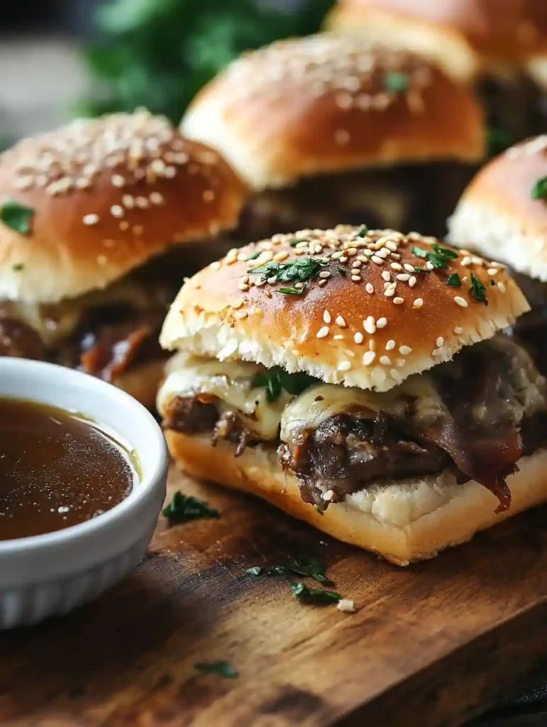 Irresistible French Dip Sliders: The Perfect Party Snack! 3 French Dip Sliders served with a small bowl of au jus for dipping on a wooden cutting board.