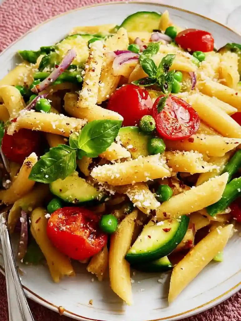 Pasta Primavera Made 3 Delicious Ways 6 Pasta Primavera topped with cherry tomatoes, basil, peas, and grated cheese on a white plate
