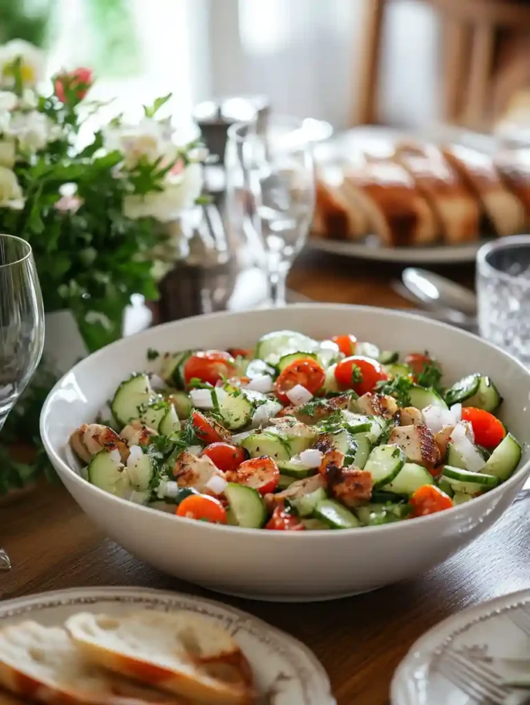 Fresh & Healthy Marinated Cucumbers, Onions and Tomatoes 5 Marinated Cucumbers Onions and Tomatoes served alongside grilled chicken and fresh bread in a modern kitchen setting.