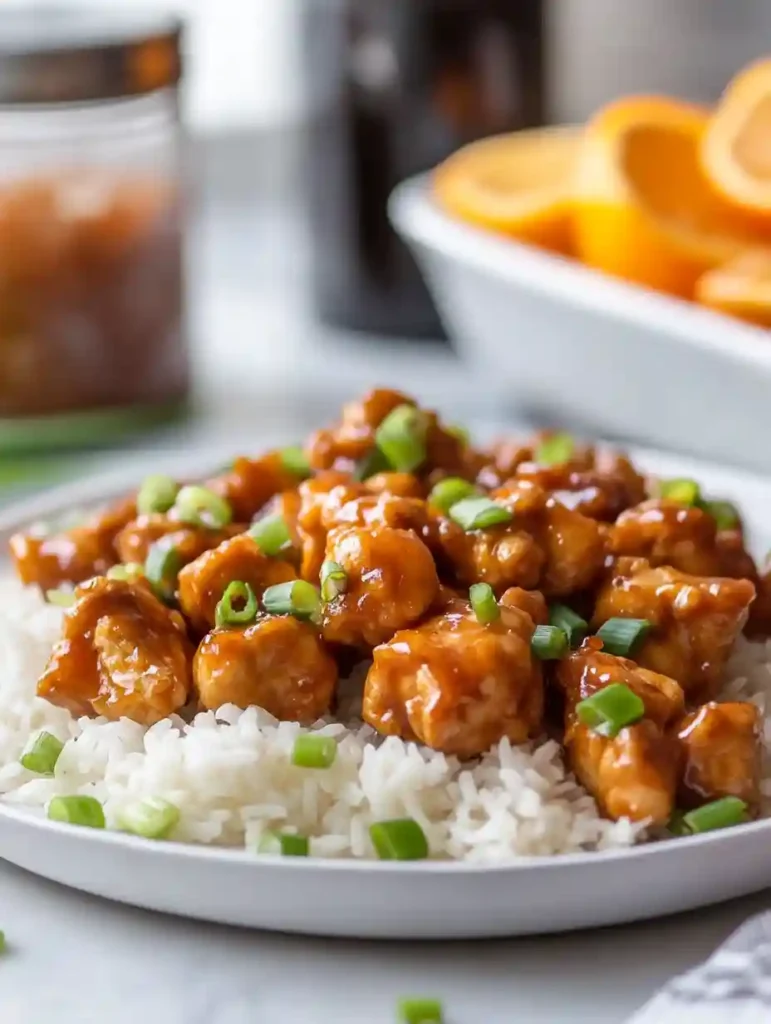 Easy & Authentic Chinese Orange Chicken Recipe 5 Chinese Orange Chicken served with rice in a modern kitchen, with leftovers stored in an airtight container.
