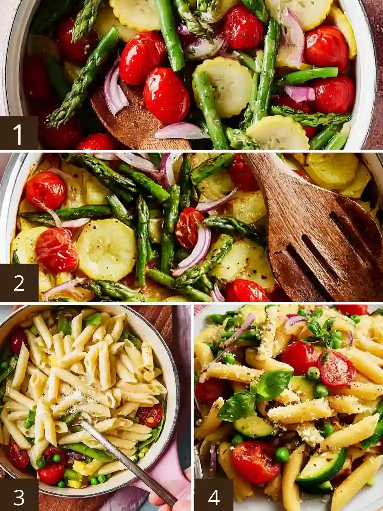 Pasta Primavera Made 3 Delicious Ways 3 Cooking process of Classic Sautéed Pasta Primavera with vegetables, penne pasta, and fresh herbs in stages