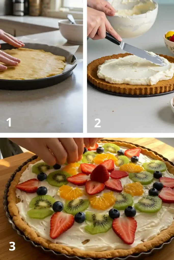 Irresistible Fruit Pizza Recipe – Easy & Crowd-Favorite! 3 Collage showing steps to make fruit pizza: pressing dough, frosting crust, and decorating with fresh fruit