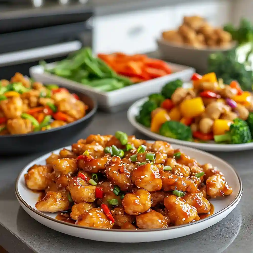 Easy & Authentic Chinese Orange Chicken Recipe 4 Different variations of Chinese Orange Chicken in a modern kitchen.
