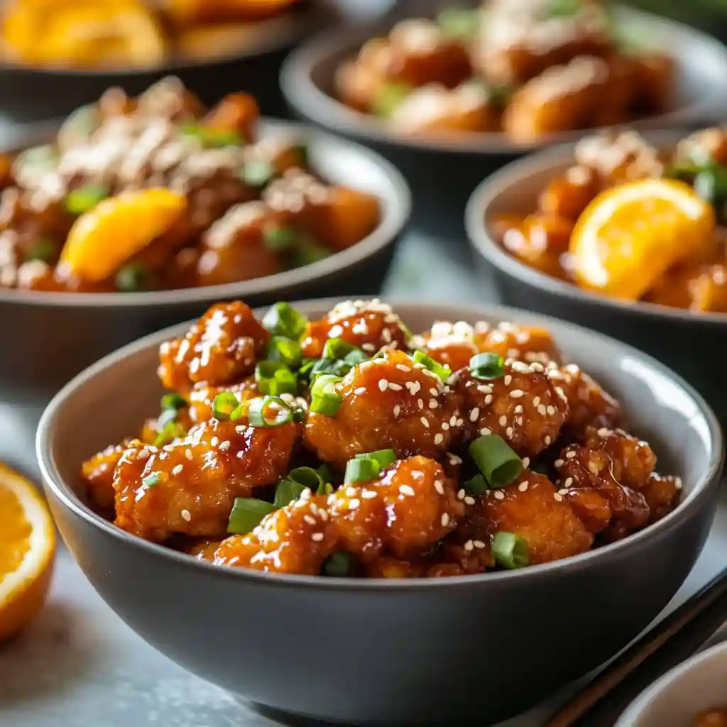 Irresistible Crispy Baked Orange Chicken – Healthy & Delicious 4 Different variations of crispy baked orange chicken with sesame seeds and orange zest on a kitchen counter.