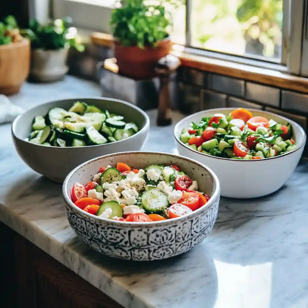 Refreshing Cucumber Tomato Salad Healthy & Flavorful Delight 4 Three different variations of cucumber tomato salad with feta, mayo, and vinegar.