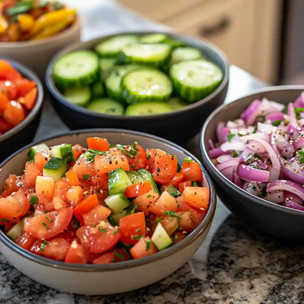 Fresh & Healthy Marinated Cucumbers, Onions and Tomatoes 4 Various versions of Marinated Cucumbers Onions and Tomatoes displayed in bowls, showcasing different flavor profiles.