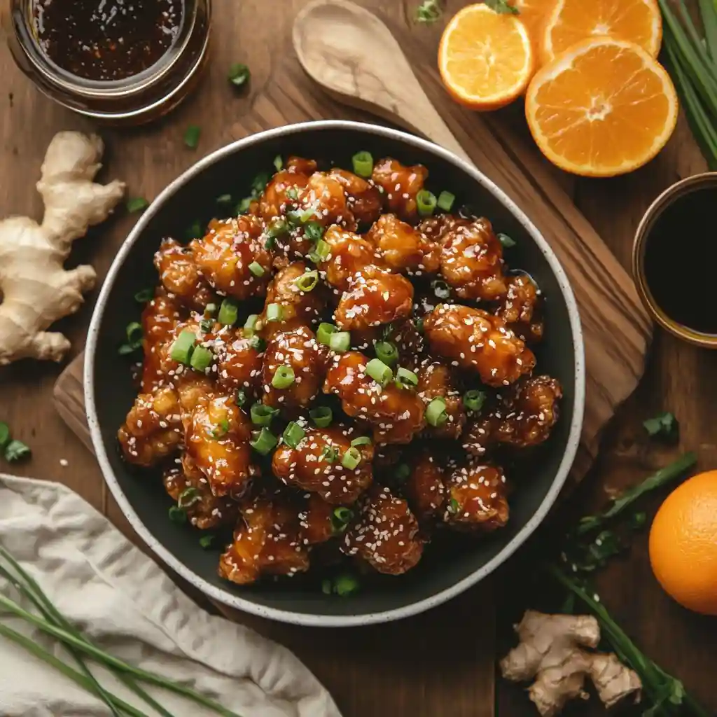 Irresistible Crispy Baked Orange Chicken – Healthy & Delicious 2 Homemade crispy baked orange chicken with ingredients like soy sauce and orange marmalade in a cozy kitchen.