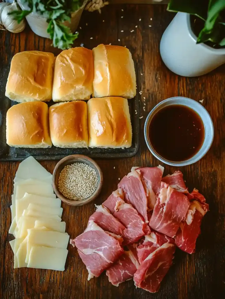 Irresistible French Dip Sliders: The Perfect Party Snack! 2 All the ingredients for French Dip Sliders neatly laid out on a wooden countertop.