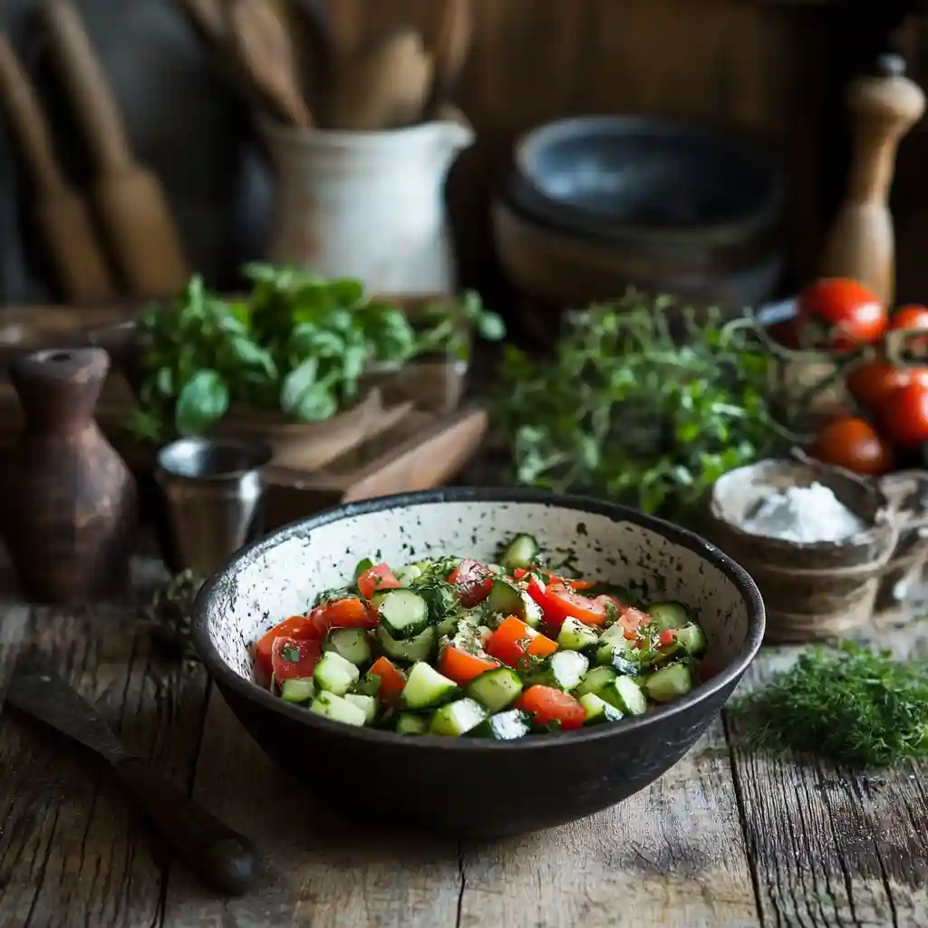Refreshing Cucumber Tomato Salad Healthy & Flavorful Delight 2 A traditional cucumber tomato salad on a rustic table, with herbs and kitchen tools.