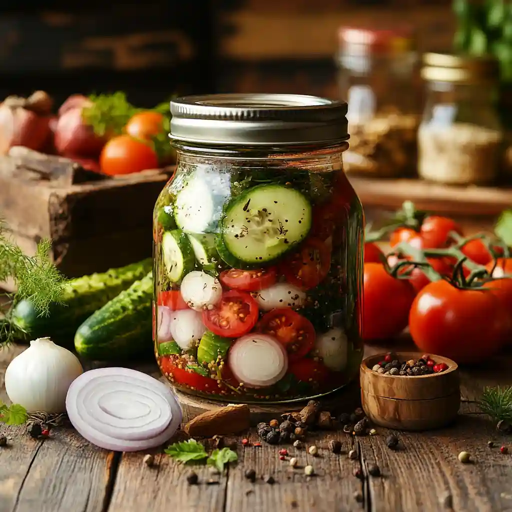 Fresh & Healthy Marinated Cucumbers, Onions and Tomatoes 2 A jar filled with Marinated Cucumbers Onions and Tomatoes surrounded by old-style kitchen tools and spices.