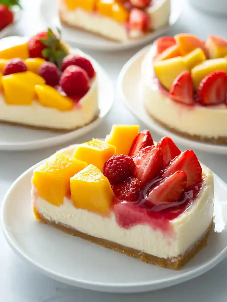 Easy Summer Berry and Peach Cheesecake No-Bake Delight 4 Slices of Summer Berry and Peach Cheesecake topped with mango, strawberries, and peaches.