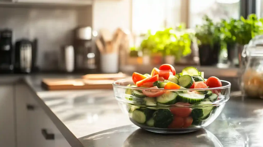 A fresh cucumber tomato salad on a kitchen countertop, showcasing vibrant colors.