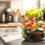 A fresh cucumber tomato salad on a kitchen countertop, showcasing vibrant colors.