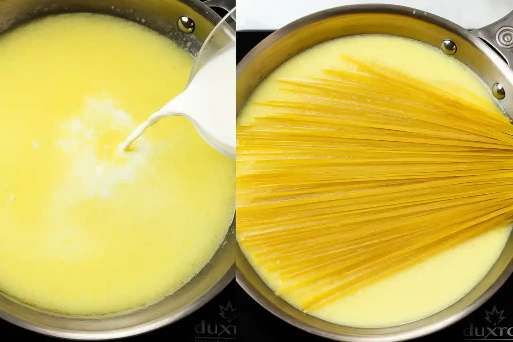 One-Pot Garlic Parmesan Pasta Recipe 3 pouring milk and adding pasta to creamy garlic parmesan pasta base