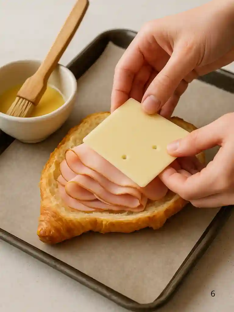 Baked Ham and Cheese Croissants Recipe 3 Step-by-step process of making baked ham and cheese croissants on a baking sheet