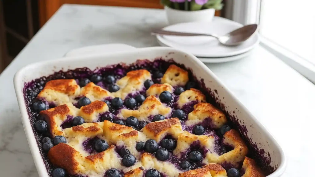 Blueberry French Toast Casserole baked with golden bread and fresh blueberries in a white dish