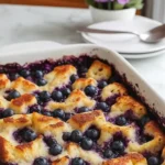 Blueberry French Toast Casserole baked with golden bread and fresh blueberries in a white dish