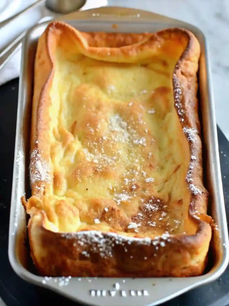 Fluffy German Pancakes Recipe 3 Golden baked German Pancakes rising high in a metal pan, dusted with powdered sugar