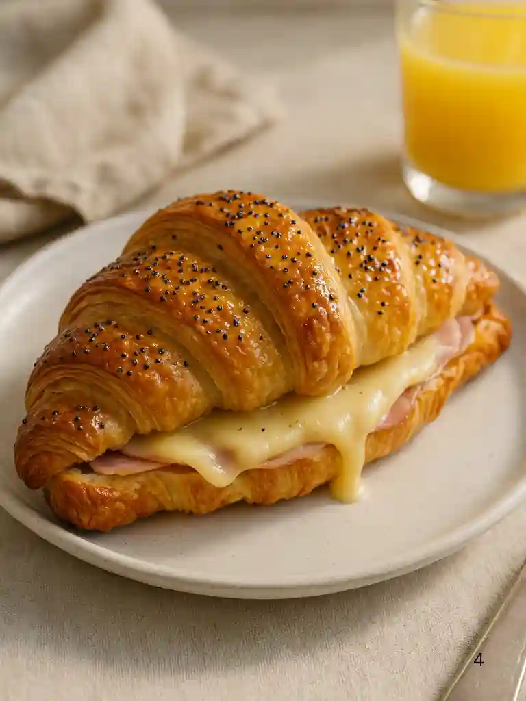 Baked Ham and Cheese Croissants Recipe 5 Baked ham and cheese croissants with melted Swiss and honey mustard glaze on a plate
