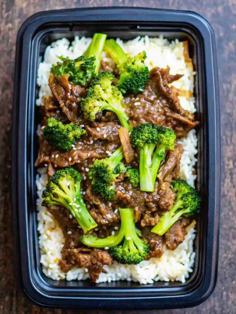 The Best Beef and Broccoli Recipe in One Pan 6 Beef and broccoli stir-fry served over rice in a black meal prep container