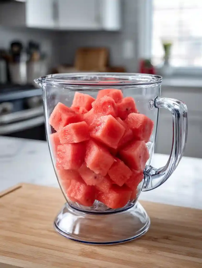 Fresh Watermelon Lemonade: The Perfect 5-Ingredient Summer Refresher 3 A clear blender jar filled with bright red watermelon cubes on a kitchen counter, ready for blending.