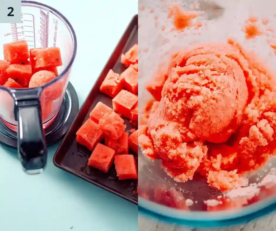 5-Minute Watermelon Sorbet 3 Frozen watermelon cubes in blender turning into creamy watermelon sorbet