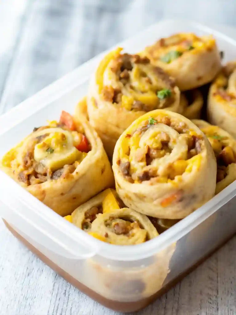Breakfast Rolls Recipe 3 Breakfast rolls in a plastic container ready for storage or freezing