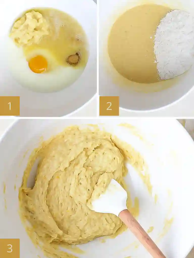 Brown Sugar Banana Pancakes 2 Brown Sugar Banana Pancakes batter being mixed in stages from wet ingredients to finished batter