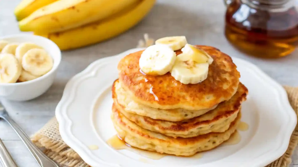 Brown Sugar Banana Pancakes 1 Brown Sugar Banana Pancakes stacked on a plate with sliced bananas and syrup