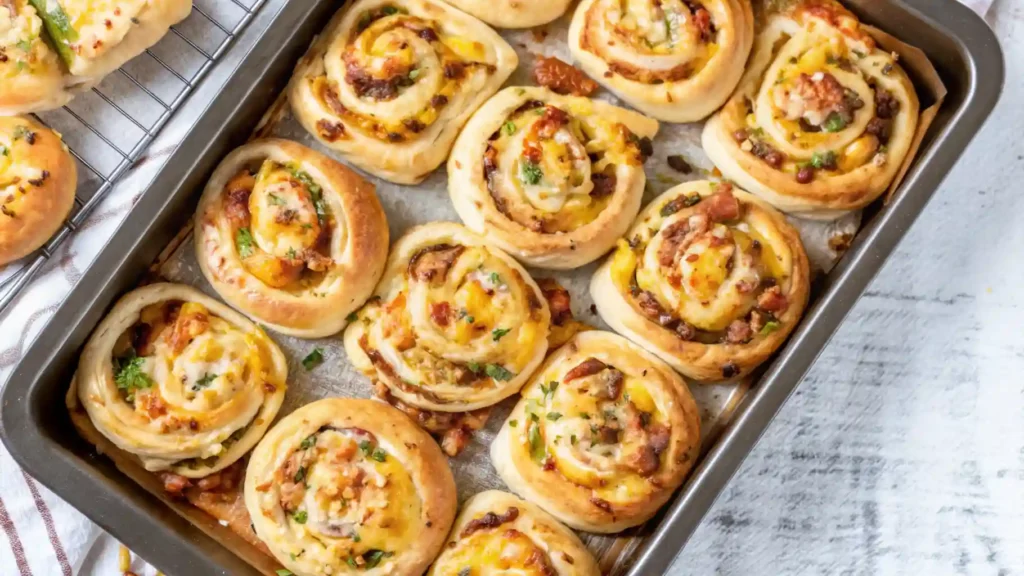 Breakfast Rolls Recipe 1 Freshly baked breakfast rolls with bacon, sausage, and melted cheese in a baking tray