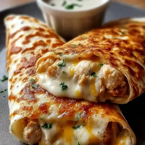 Easy Cheesy Garlic Chicken Wraps Recipe Quick 15-Minute Meal 5 Cheesy garlic chicken wraps served hot with melted cheese and dipping sauce on a gray plate