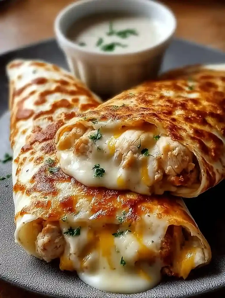 Easy Cheesy Garlic Chicken Wraps Recipe Quick 15-Minute Meal 4 Cheesy garlic chicken wraps served hot with melted cheese and dipping sauce on a gray plate