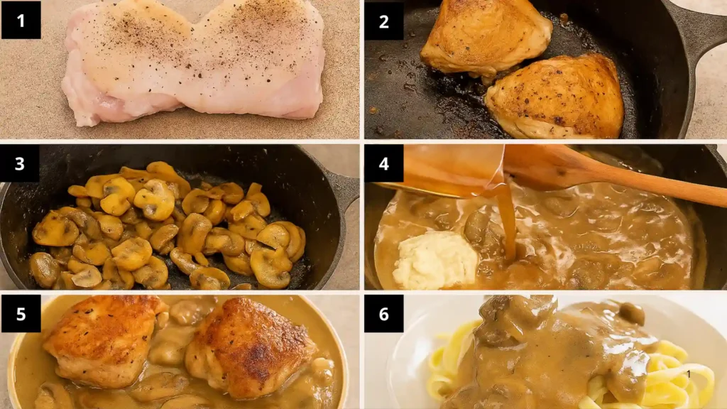 Chicken Stroganoff Recipe (Easy, Creamy, Comfort Food Classic) 2 Chicken Stroganoff step-by-step images showing searing, mushroom cooking, sauce making, and final dish