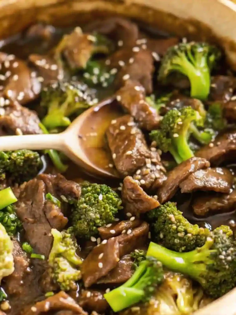 The Best Takeout-Style Chinese Beef and Broccoli Stir Fry 7 Chinese beef and broccoli served in a deep pan with wooden spoon and sesame seeds