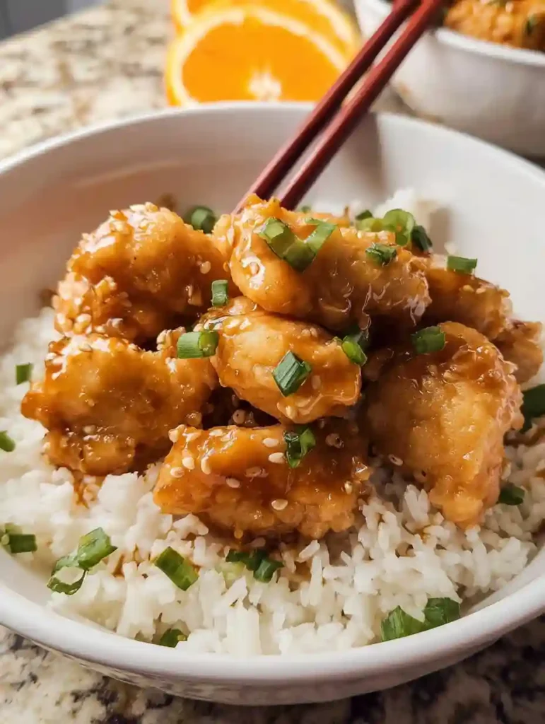 Easy Gluten-Free Orange Chicken (Better Than Takeout!) 3 Gluten-free orange chicken with sesame seeds and scallions served over white rice, picked up with chopsticks