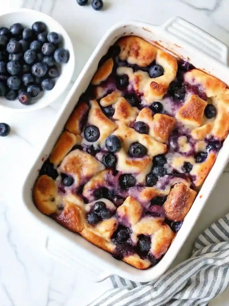 Blueberry French Toast Casserole 2 Blueberry French Toast Casserole topped with fresh blueberries in a white baking dish