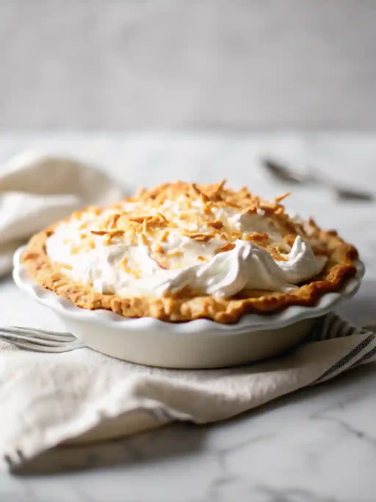 🥥 Old-Fashioned Coconut Cream Pie 3 Side view of a baked coconut cream pie with flaky crust and toasted coconut topping