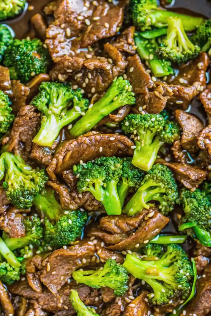 The Best Beef and Broccoli Recipe in One Pan 2 Beef and broccoli with sesame seeds in a rich stir-fry sauce