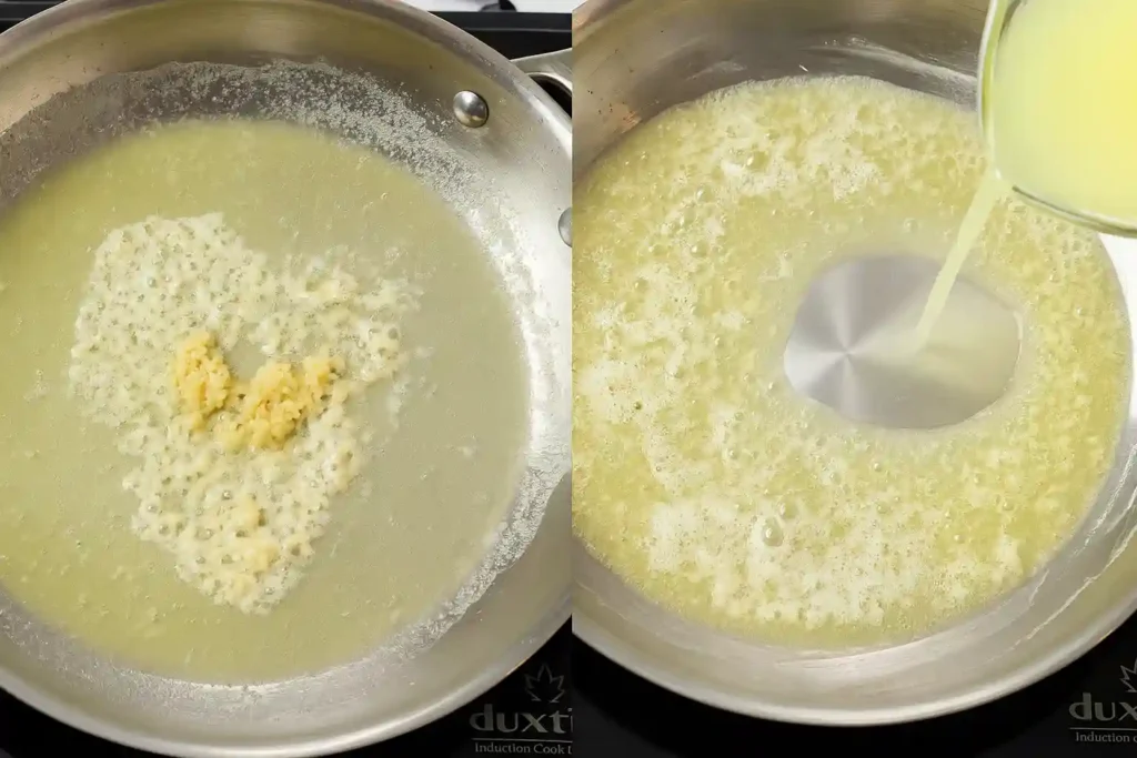 One-Pot Garlic Parmesan Pasta Recipe 2 melted butter and minced garlic in skillet for garlic parmesan pasta