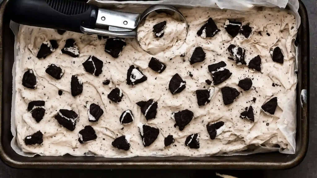 Frozen Cookies and Cream Ice Cream topped with chunky chocolate cookies in a baking pan