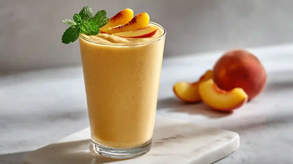 Glass of peach smoothie with peach slices and mint on white marble