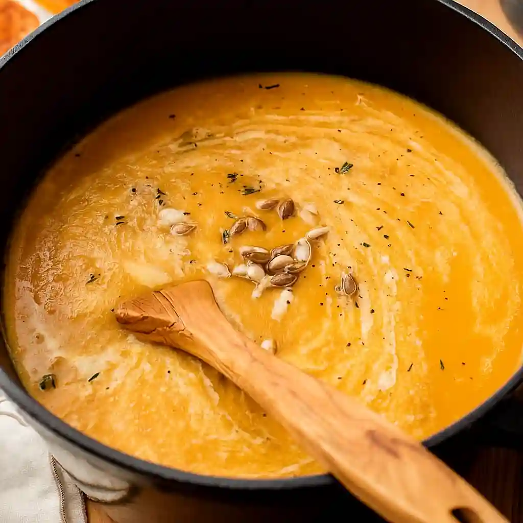 Roasted Butternut Squash Soup Recipe 5 Creamy roasted butternut squash soup with seeds and herbs in a black pot stirred with a wooden spoon
