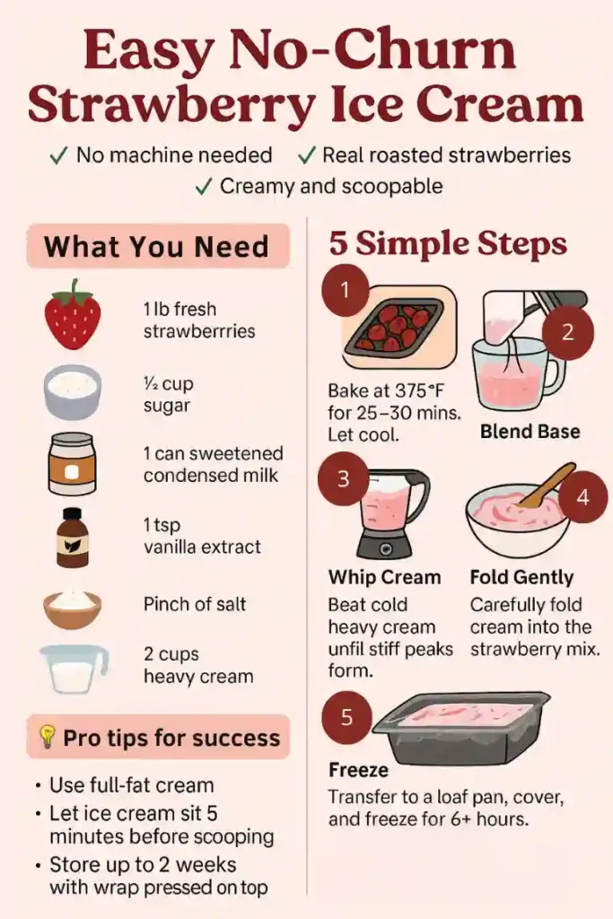 The Best Homemade Strawberry Ice Cream (Easy No-Churn Method) 5 Illustrated infographic showing steps and ingredients for no-churn strawberry ice cream