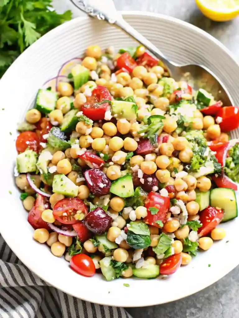 Easy Mediterranean Chickpea Salad Recipe Fresh and Quick 5 Mediterranean chickpea salad with cucumbers, tomatoes, olives, and feta in a white bowl